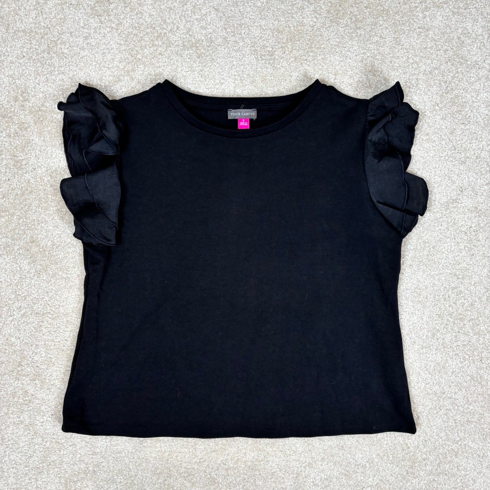 Vince Camuto Black Ruffle Sleeve‎ Knit Top Crew Neck Satin Trim Cap Sleeve Small